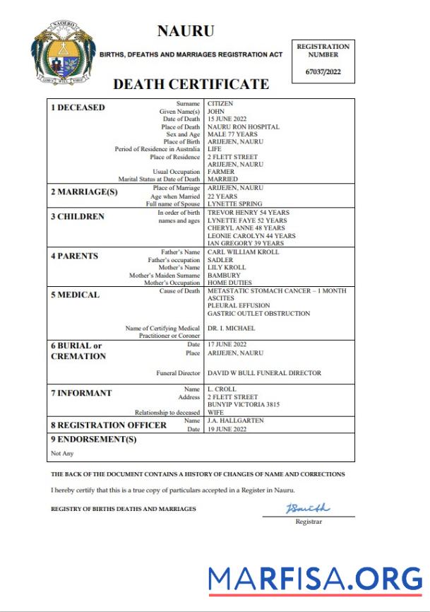 Printable Nauru death certificate Word and PDF template